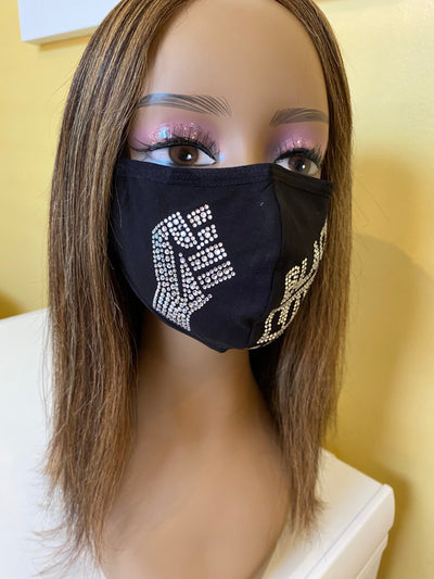 Black Lives Matter Mask with Fist Clear Crystal Adjustable Ear Loops