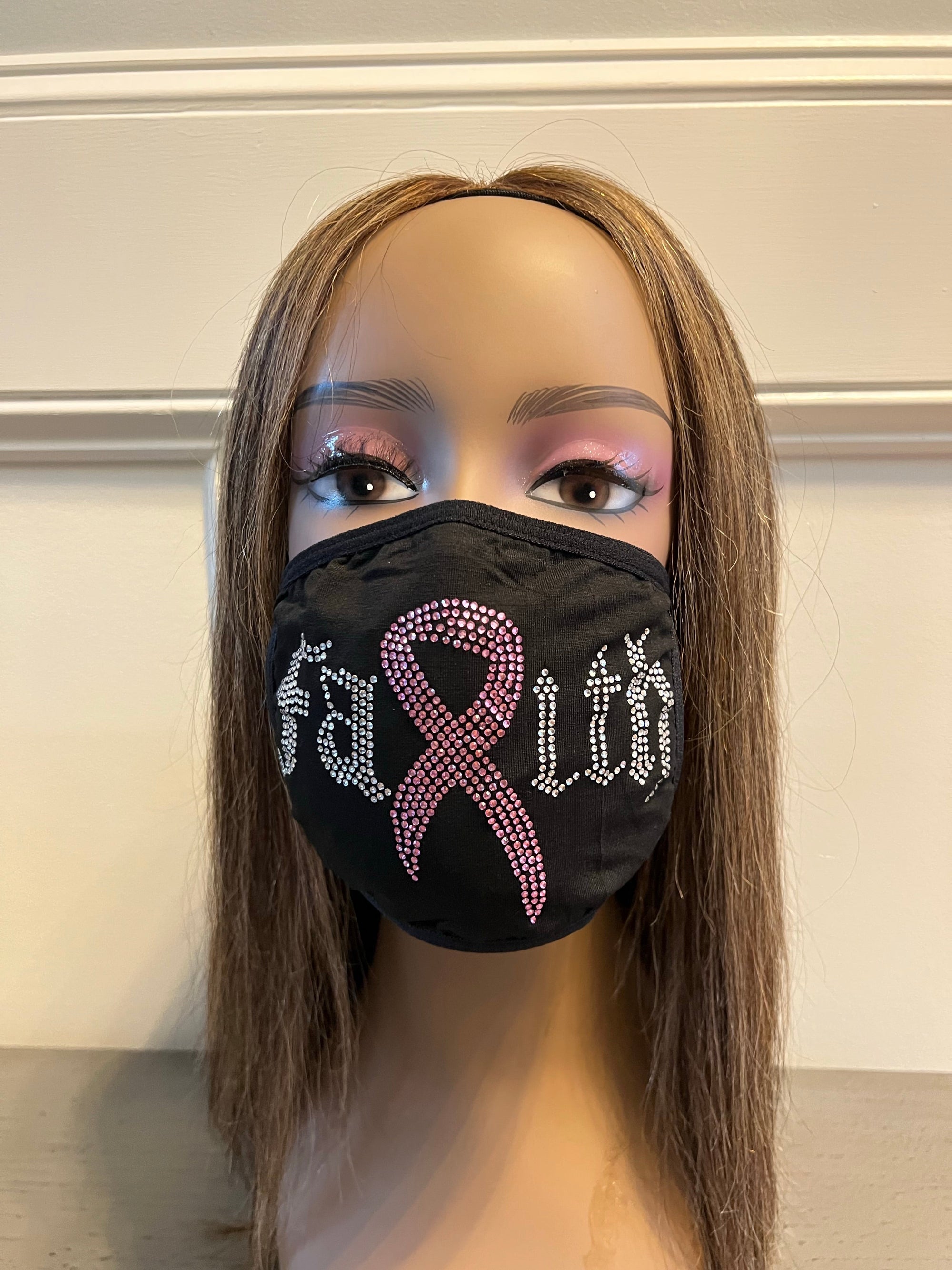 Breast Cancer Awareness Pink Ribbon Bling Face Mask Rhinestone