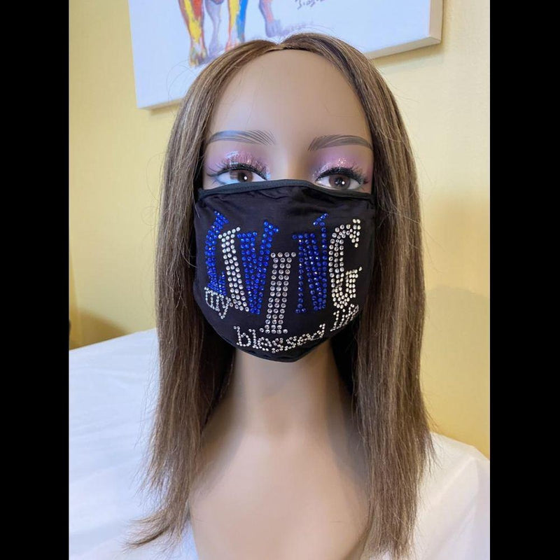 Living My Blessed Life Rhinestone Bling Face Mask Blue