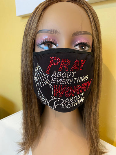 Pray About Everything Christian Rhinestone Bling Face Mask Clear Crystal